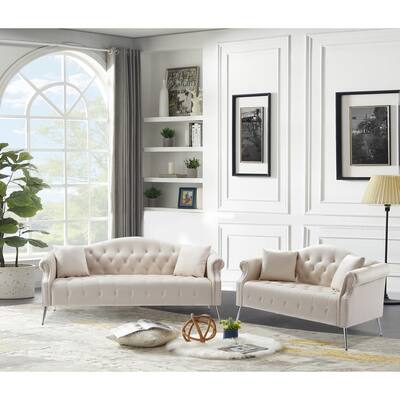 Velvet Chesterfield Sofa Set with Button Tufting, Nailhead Trimming, Curved Backrest, and Silver Metal Legs, Includes 4 Pillows