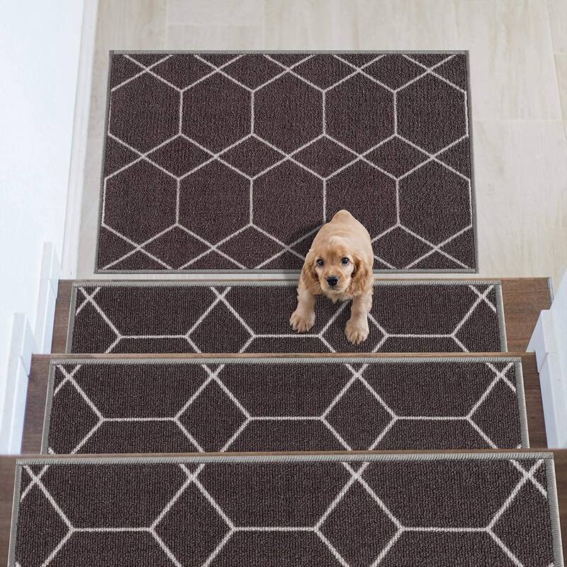 Stair Treads Hexagon Design Washable Non Slip Backing, 8.5''X26'' - Set of 3 - Dark Gray
