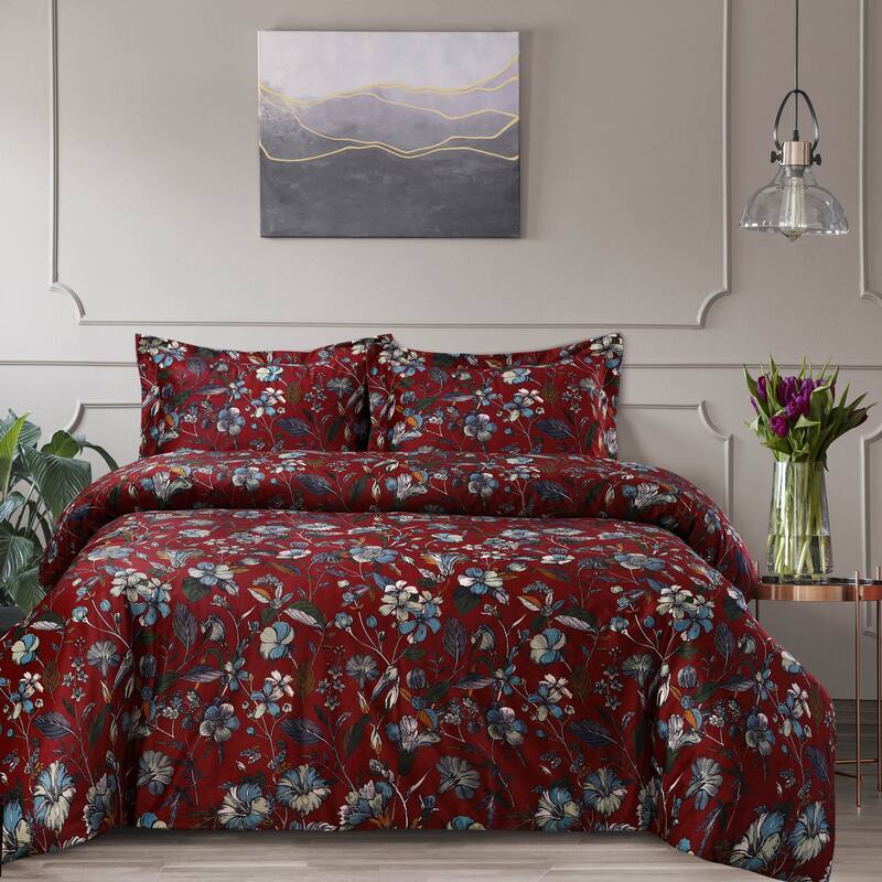 Printed Velvet Oversized Duvet Cover Set - Amara Garnet - Queen