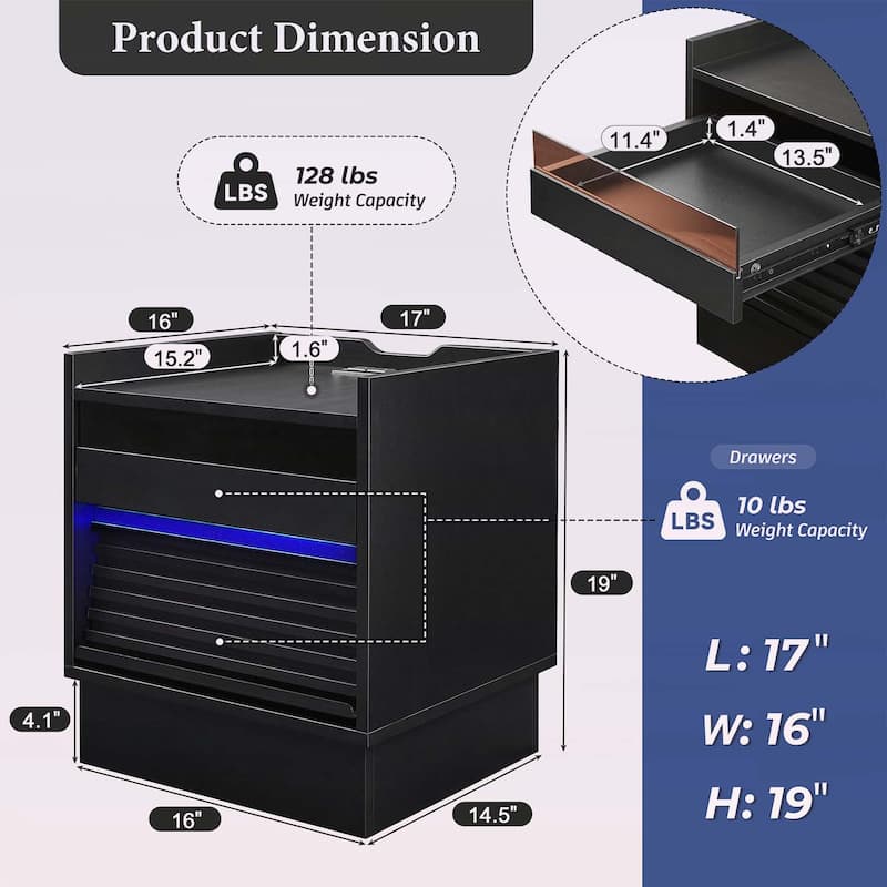 Nightstand with Charging Station,LED Lights,and 2 Drawers,for Bedroom or Living Room