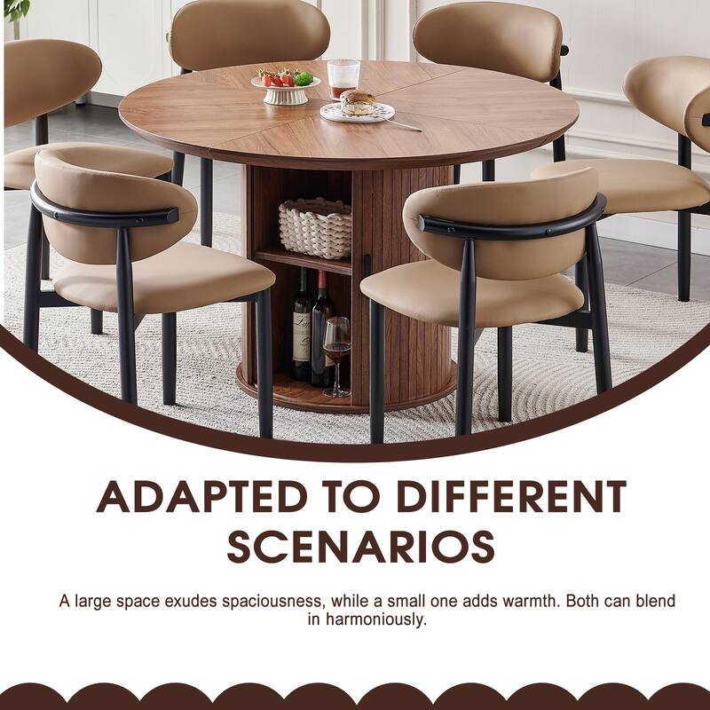 Round Dining Table with Two Layers of Storage Shelves. Wood Tea Desk, Flexible-opening Storage Door, Large Storage Space