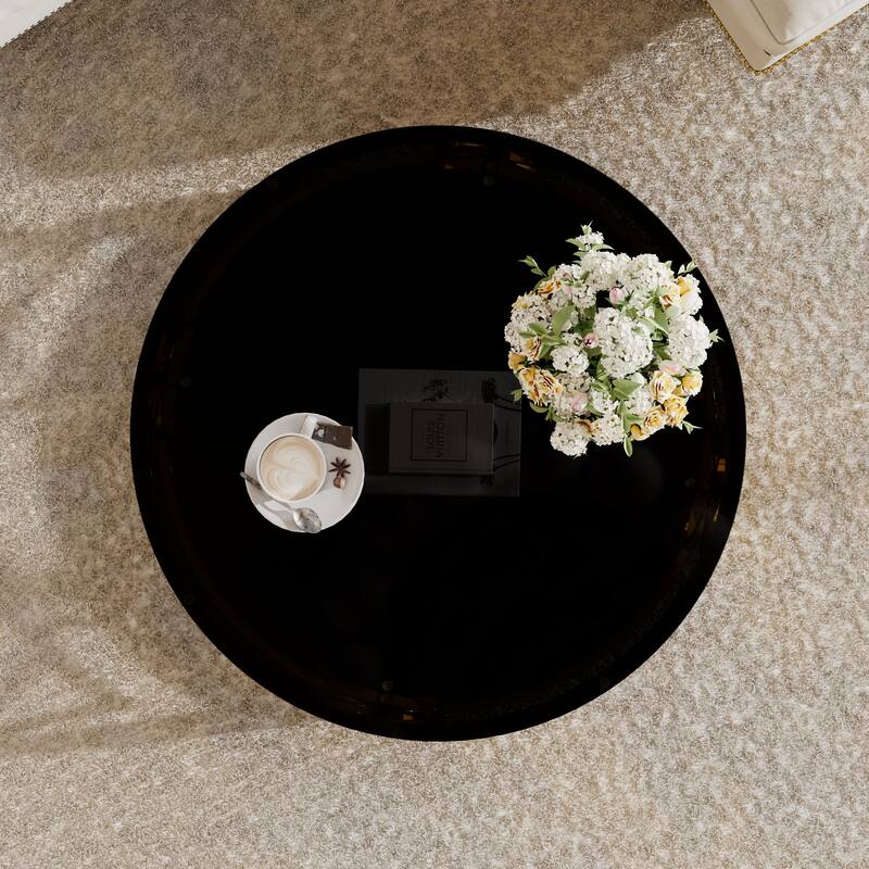 Glass Coffee Table Round Living Room Table, Luxurious Storage Table with Lower Shelf, 30.7" Center Table with Tempered Glass Top