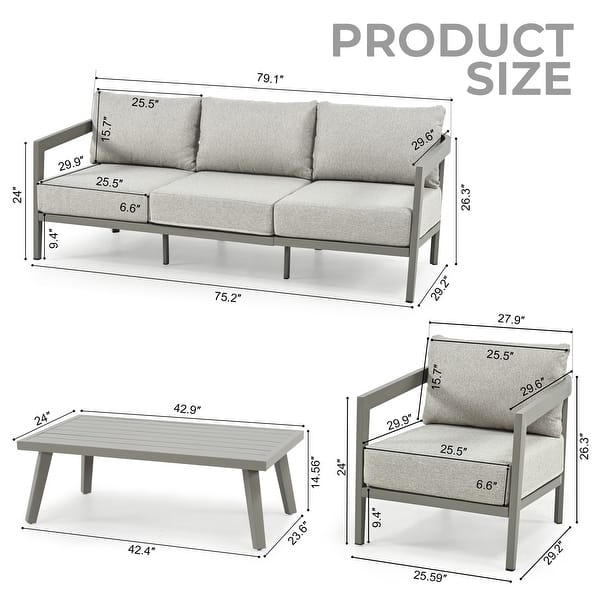 EGEIROS LIFE NovaRest 4-Piece Aluminum Wicker Patio Conversation Set with 3-Seat Sofa, Coffee Table and Gray Cushions