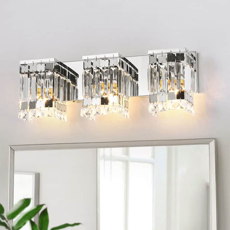 3-Light Modern Glam Chrome Finish Rectangle Crystal Bathroom Vanity Lights - 19.7 in. W x 5.1 in. D x 7.1 in. H - 19.7 in. W x 5.1 in. D x 7.1 in. H - Chrome/Clear