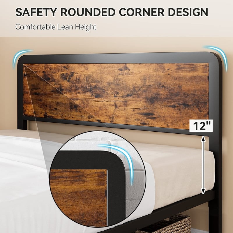 Metal Platform Bed with Wood Headboard and Footboard