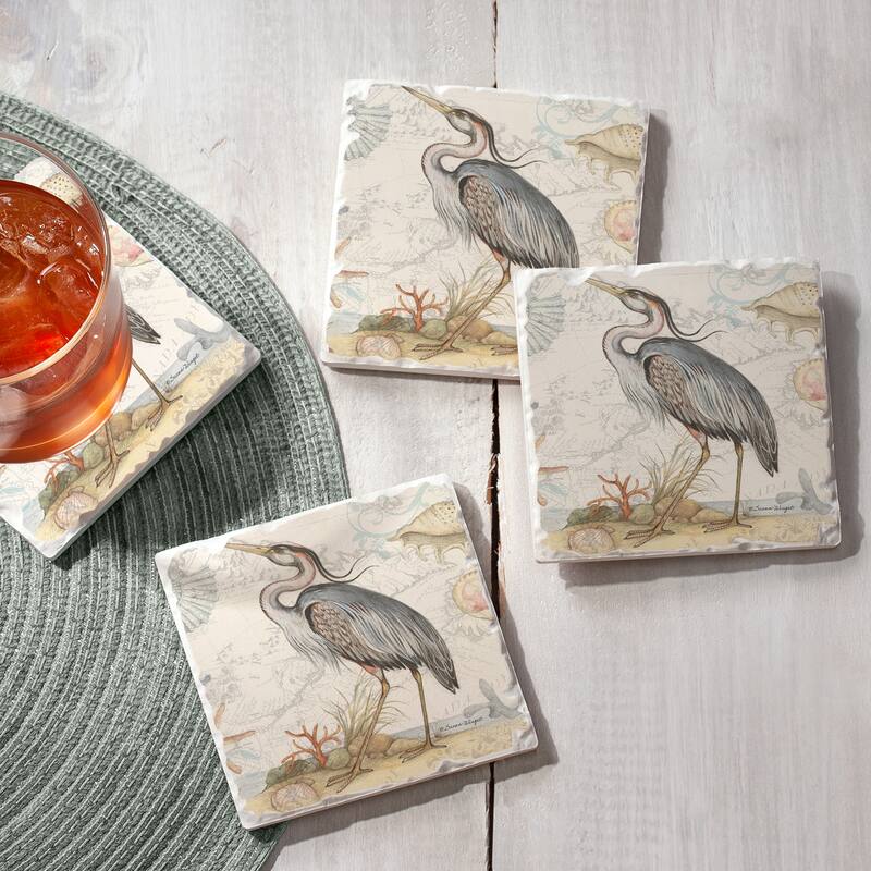 Counterart Absorbent Stone Coasters - Shoreline Blue Heron - Set of 4 - 4x4x1.206