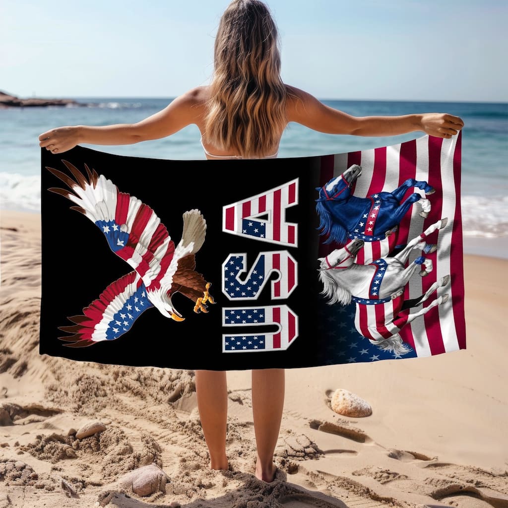 Eagle Horse USA Flag Beach Towel 30" x 60"