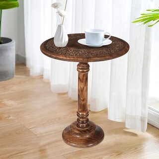 Hand Carved Solid Mango Wood Round Pillar Accent Table - Rustic ...