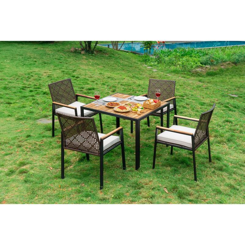 All Weather 5-Piece Patio Dining Table Sets, Patio Conversation Set Acacia Wood Table Top with Umbrella Hole, Rattan Outdoor