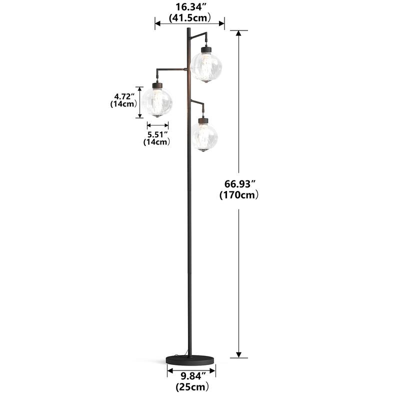 67" Tree-Shaped Living Room Floor Lamp with 3 Lights, Glass Lampshade and Foot Switch