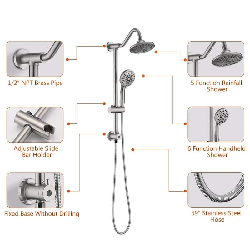 Wall Mounted Shower Faucet With Handheld Shower 6 Inch Rain Shower Head Combo Set Shower System With Slide Bar, NO VALVE