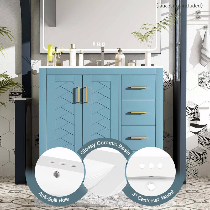 Freestanding 36'' Bathroom Vanity with Ceramic Sink, 3 Drawers, Soft Closing Doors & Solid Wood Frame