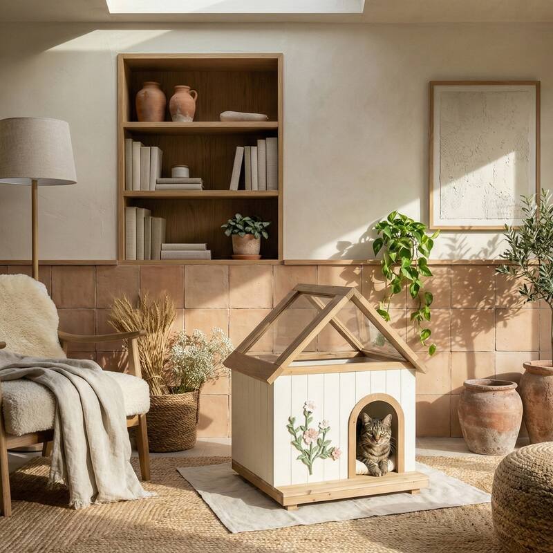 FSC-Certified Cedar Pet House with Transparent Roof & Floral Carving - Indoor Shelter for Cats & Small Dogs