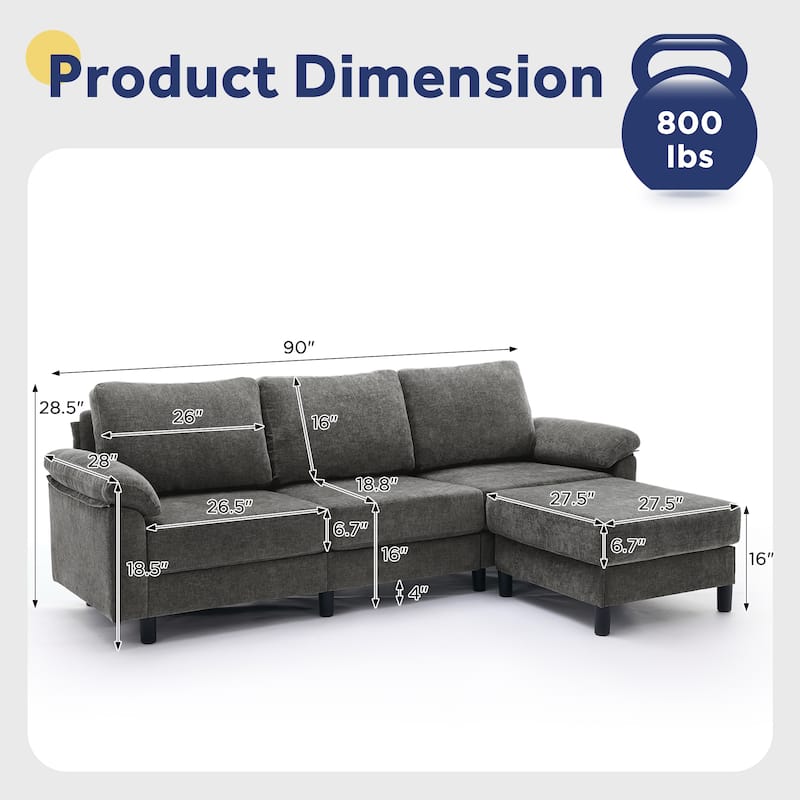90" L-Shaped Chenille Upholstered 3-Seater Sofa Couch Sectional Sofa with Ottoman