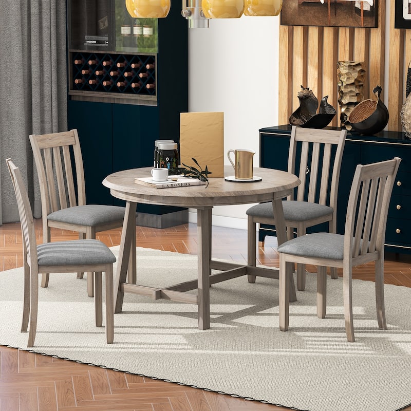 Practical Round Extendable Dining Table with 4 Dining Chairs, 5-Piece Wood Dining Table and Chairs Set for 4