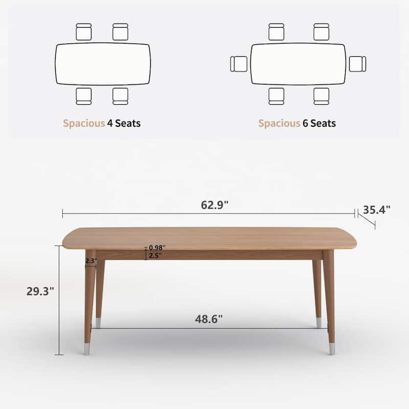 Mid-Century Modern 62.9" Rectangular Dining Table for 4-6, Solid Wood Kitchen & Dining Room Table with Tapered Legs