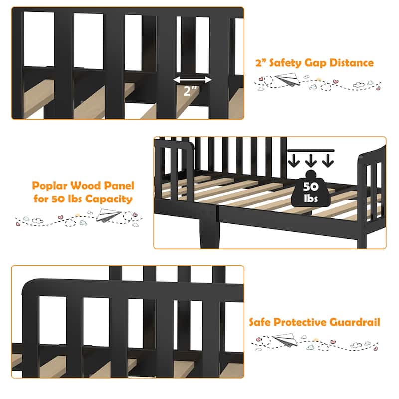 Costway Kids Toddler Wood Bed Bedroom Furniture w/ Guardrails - See Details