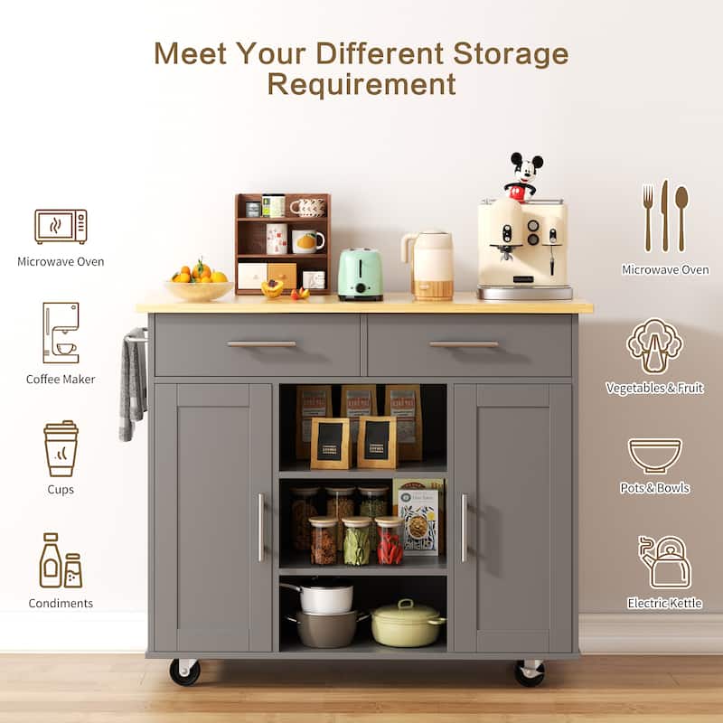 Rolling Kitchen Island with Storage Cabinet & Drawers - Rubber Wood Top for Dining & Kitchen Storage