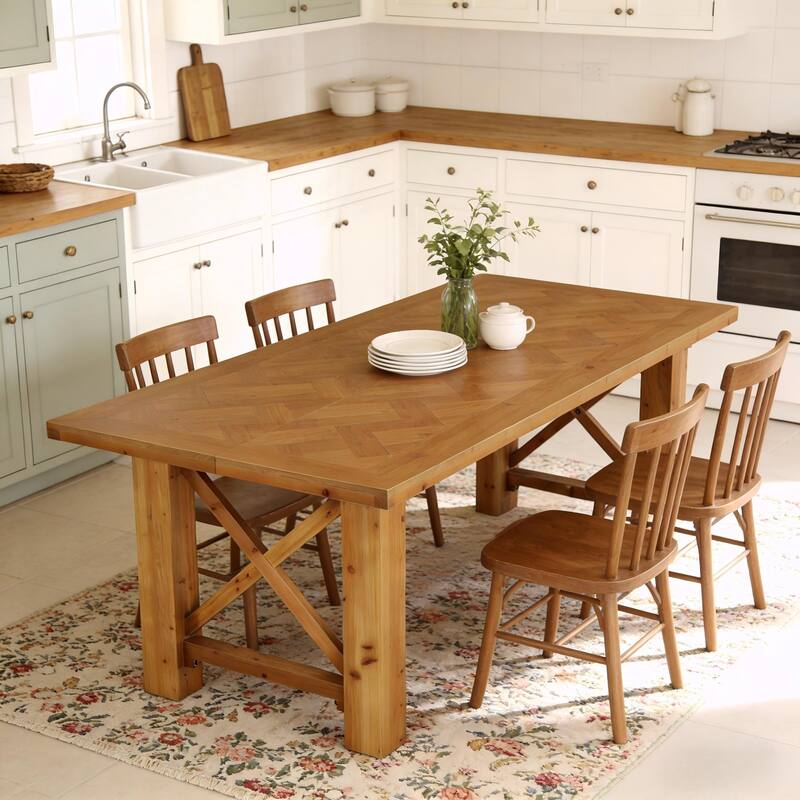 63-Inch Dining Table for 4-6, Farmhouse Solid Fir Wood Kitchen Table - Brown