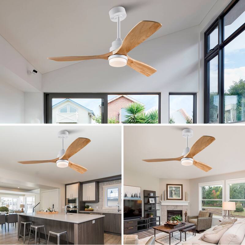 52 Inch Indoor Ceiling Fan With Dimmable LED Light 3 Solid Wood Blades Remote Control Reversible DC Motor