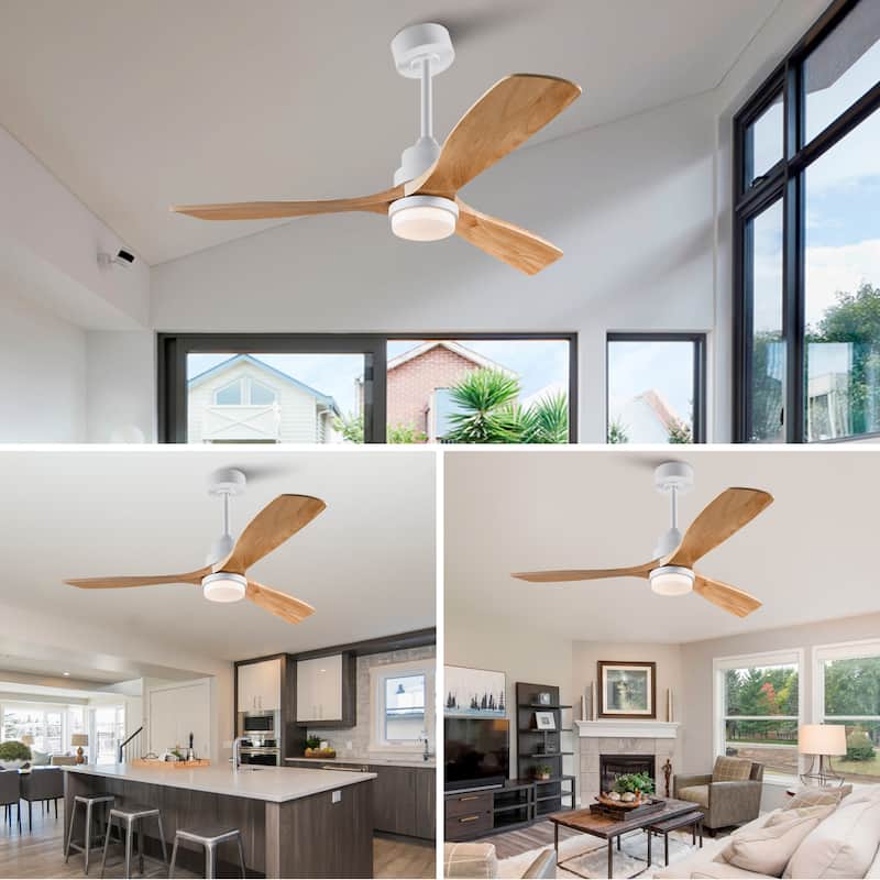 52 Inch Modern Ceiling Fan with LED Light, 3 Solid Wood Blades, Remote Control (3-Color Dimmable & Reversible)