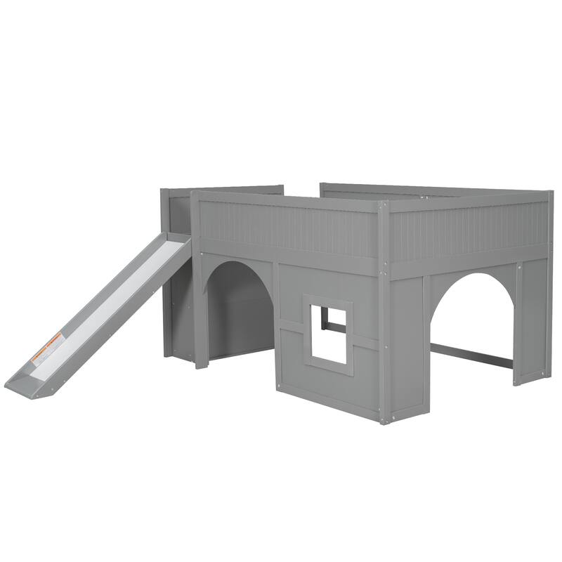 Roomfitters Full Low Loft Bed with Slide, Storage Shelves and Window Design