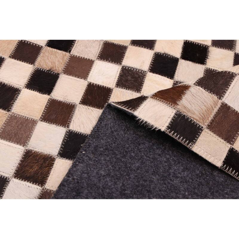 ECARPETGALLERY Handmade Cowhide Patchwork Dark Brown Leather Rug - 6'2 x 6'2