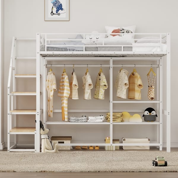 slide 2 of 12, Twin Size Metal Loft Bed with Wardrobe and Storage Shelves,Full-Length Guardrail White