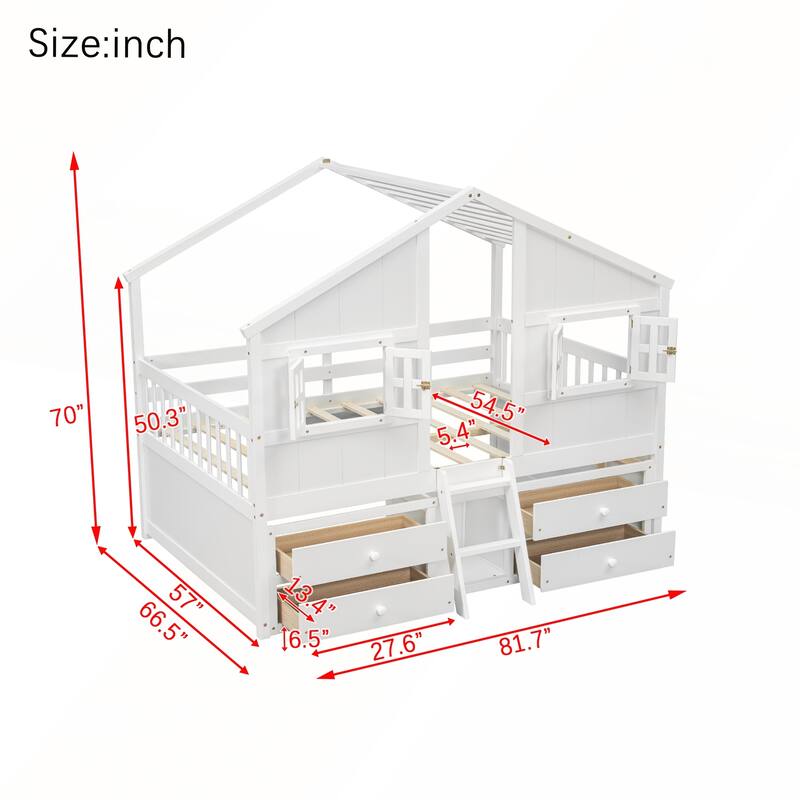 Full Size House Loft Bed with 4 Storage Drawers and Safety Guardrails