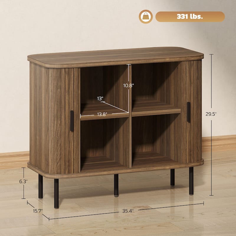 Storage Cabinet Sideboard Buffet Cabinet with Storage, Nordic Coffee Bar Cabinet with Slatted Tambour Doors and Metal Legs