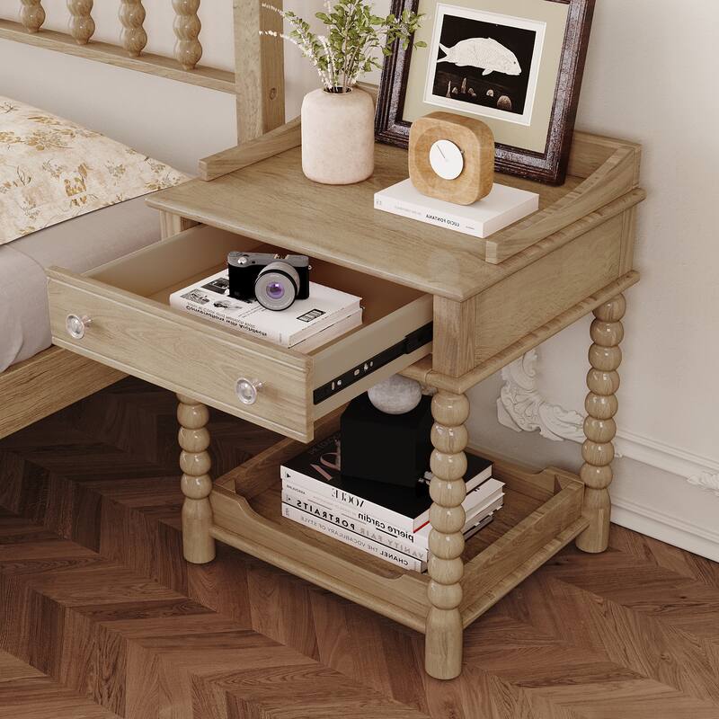 Nightstand with Drawer and Open Shelf for Bedroom, Bedside Table with Turned Legs and Metal Handle for Bedroom Small Room