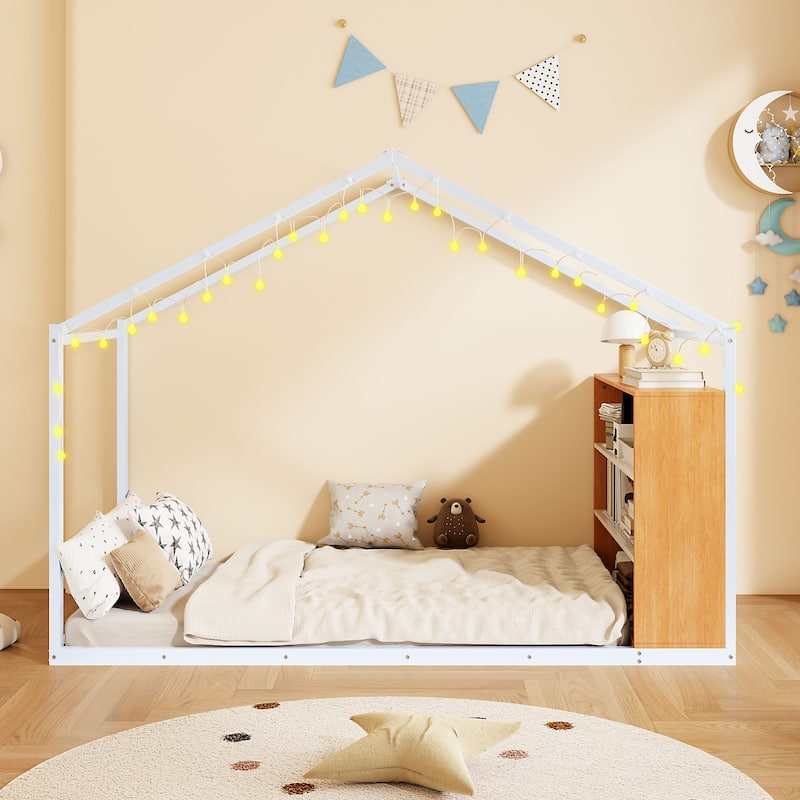 Twin Size Metal Bed House Bed Frame with Shelves and Lights, White