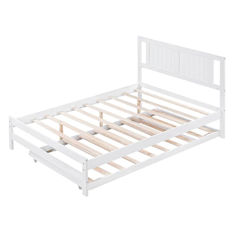 Full Size Platform Bed with Adjustable Trundle, Wooden Bed Frame