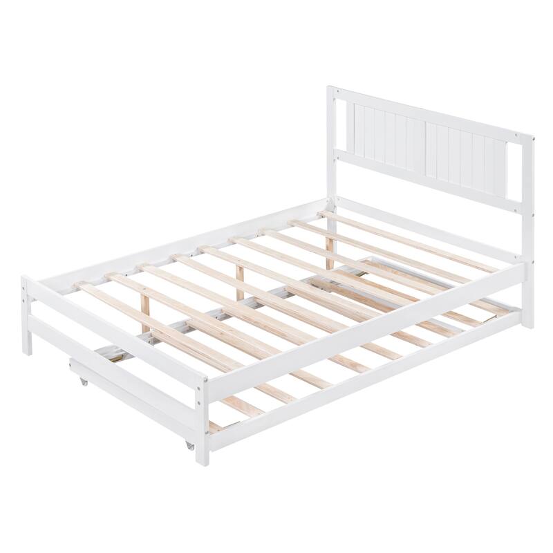 Full Size Platform Bed with Adjustable Trundle in White