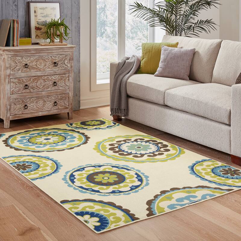 Vista Home Catalina Floral Medallions Indoor/ Outdoor Area Rug-- - 8'6" x 13' - Ivory/Green