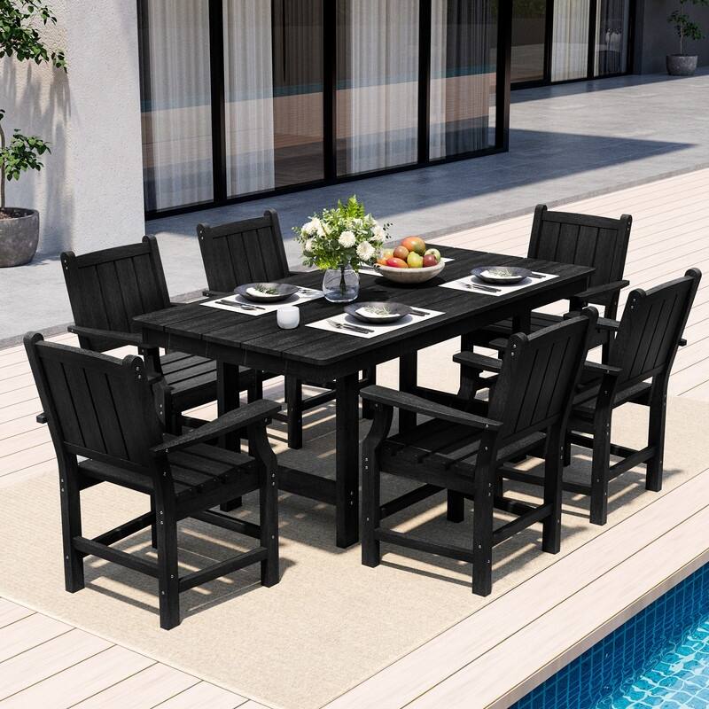 Black 5/7-Piece HDPE Plastic Patio Outdoor Dining Set with Arm Chairs - 7 Pieces