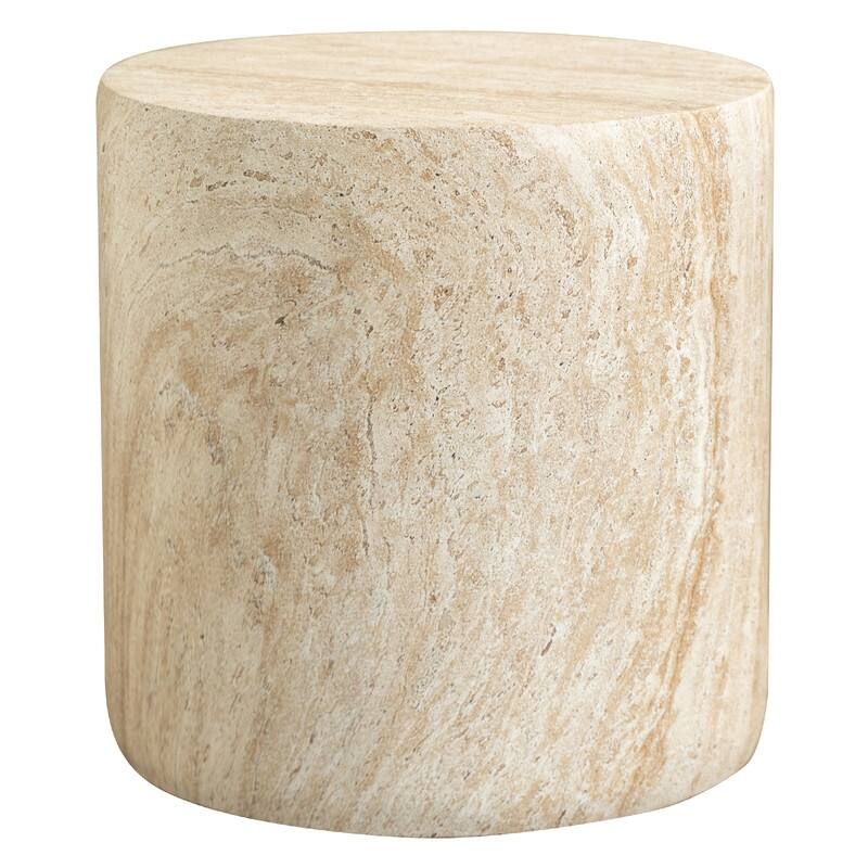 Vintara Modern Cylindrical Round Fiberstone Side Table with Brushed Finish for Living Rooms, Bedrooms, Patios, Balconies - Travertine