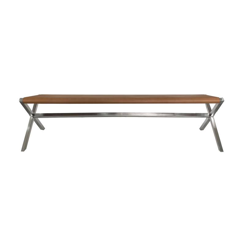 Rux 62 Inch Dining Bench, Faux Leather Seat, Steel Legs, Director Style