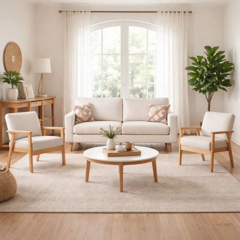 Gala 3 Piece Sofa and Chairs Set, Ivory Fabric, 2 Pillows, Brown Wood Frame