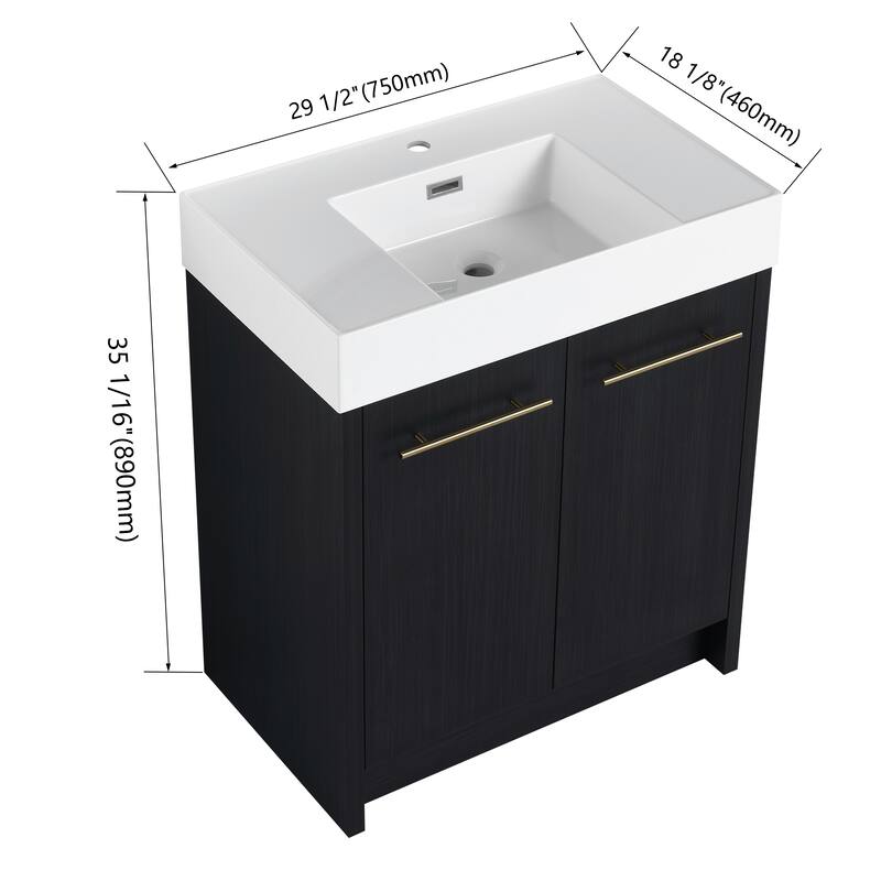 24" Bathroom Vanity with Resin Sink, Soft Close Hinges, Adjustable Storage, Black Chestnut Color, Freestanding Cabinet