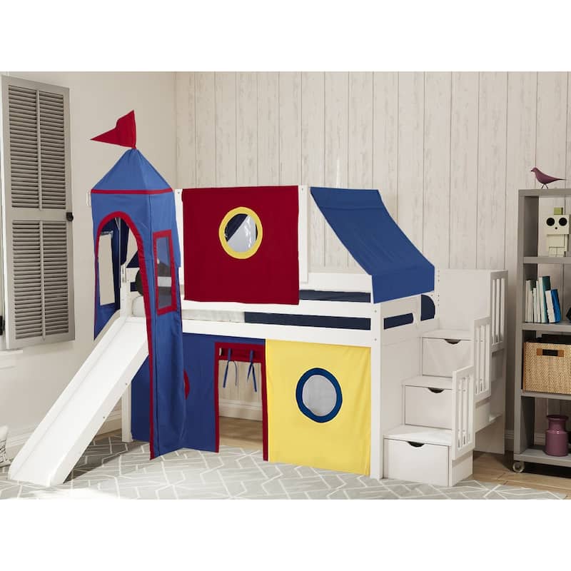 JACKPOT Prince & Princess Low Loft Twin Bed, Stairs Slide Tent & Tower - White with Red Blue & Yellow Tent