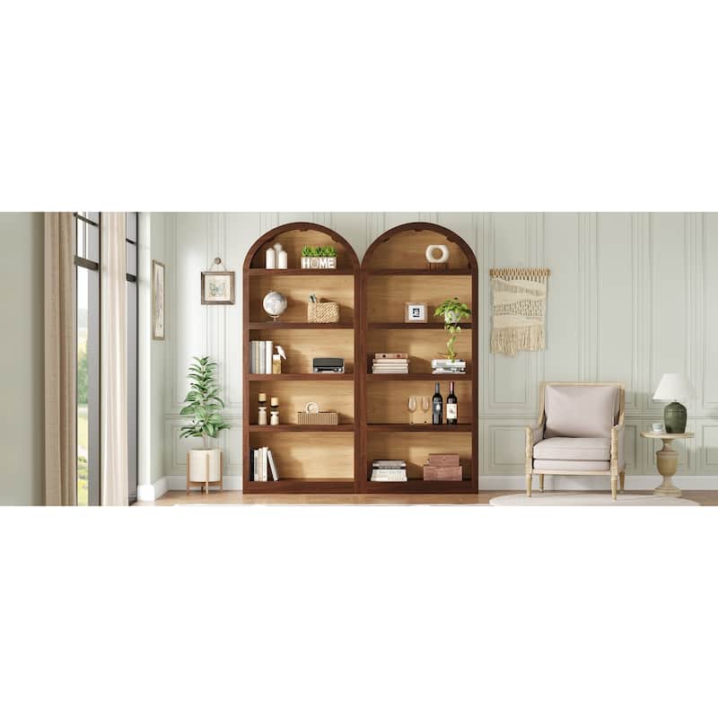 Freestanding Tall Bookshelves Set of 2, Farmhouse Two-Tone Open Storage Cabinet with Fabric Arched Top, 5-Tier Display Bookcase