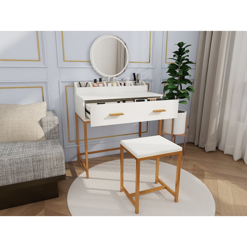 Vanity Set with Mirror and Stool - Makeup Vanity Table with Storage Drawers and Organizer, White and Gold, Space-Saving Design