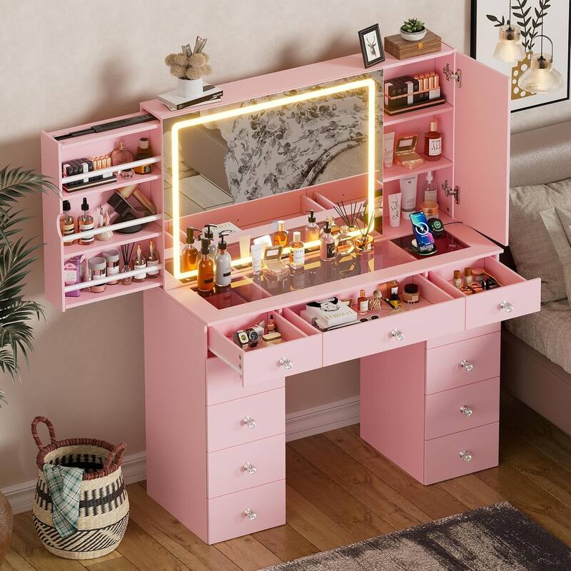 PAKASEPT Vanity Set with Lighted Mirror, Large Vanity Desk with Charging Station