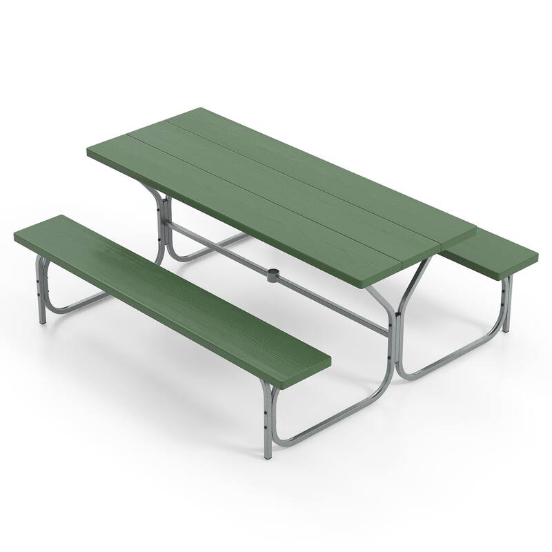 72 Inch 8-Person Outdoor Picnic Table and Bench Set with HDPE Wood-Texture Top and with Built-in Umbrella Hole