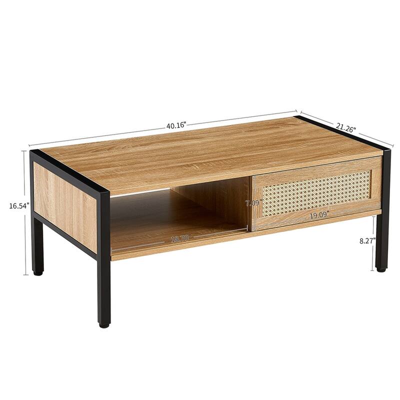Rattan Storage Coffee Table with Sliding Door and Metal Legs