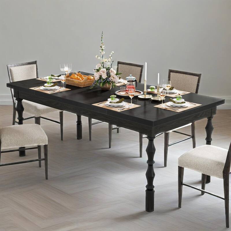 Rectangular Farmhouse Dining Table 62 Inch Black Wood MDF Top with Carved Legs Seats 4 to 6 People - 62.20" x 30.71" x 29.53"