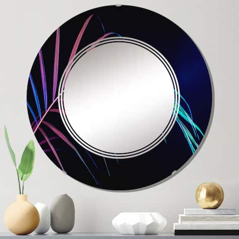 Designart 'Abstract Tropical Leaf In Pink And Blue On Black' Tropical Wall Mirror