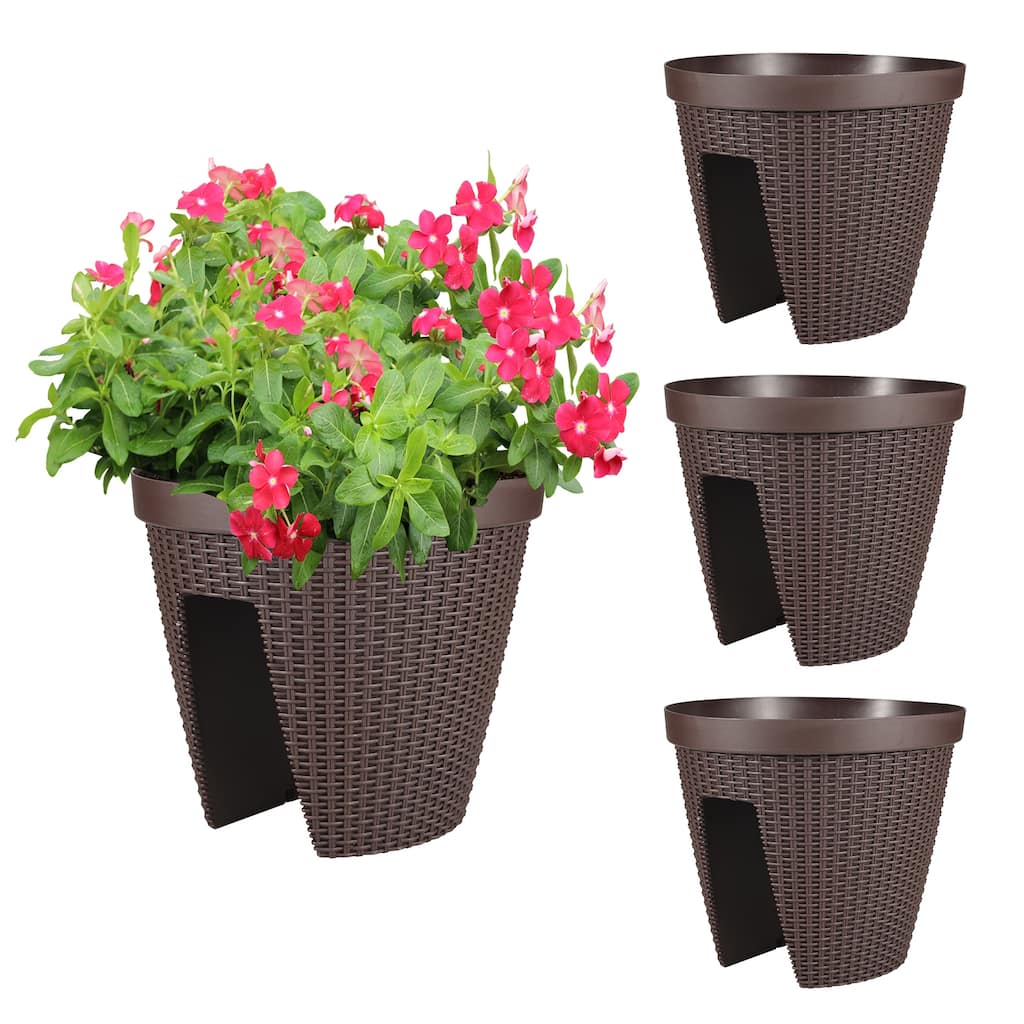 Aoodor 12'' Balcony Rattan Pattern Railing Planter Box with Drainage Holes and Adjustable Brackets-Set of 4 - 12''×11''