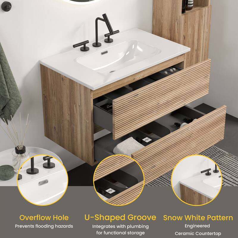 30" Wall-Mounted Bathroom Vanity with Integrated Ceramic Sink & Overflow, Large Storage Floating Cabinet